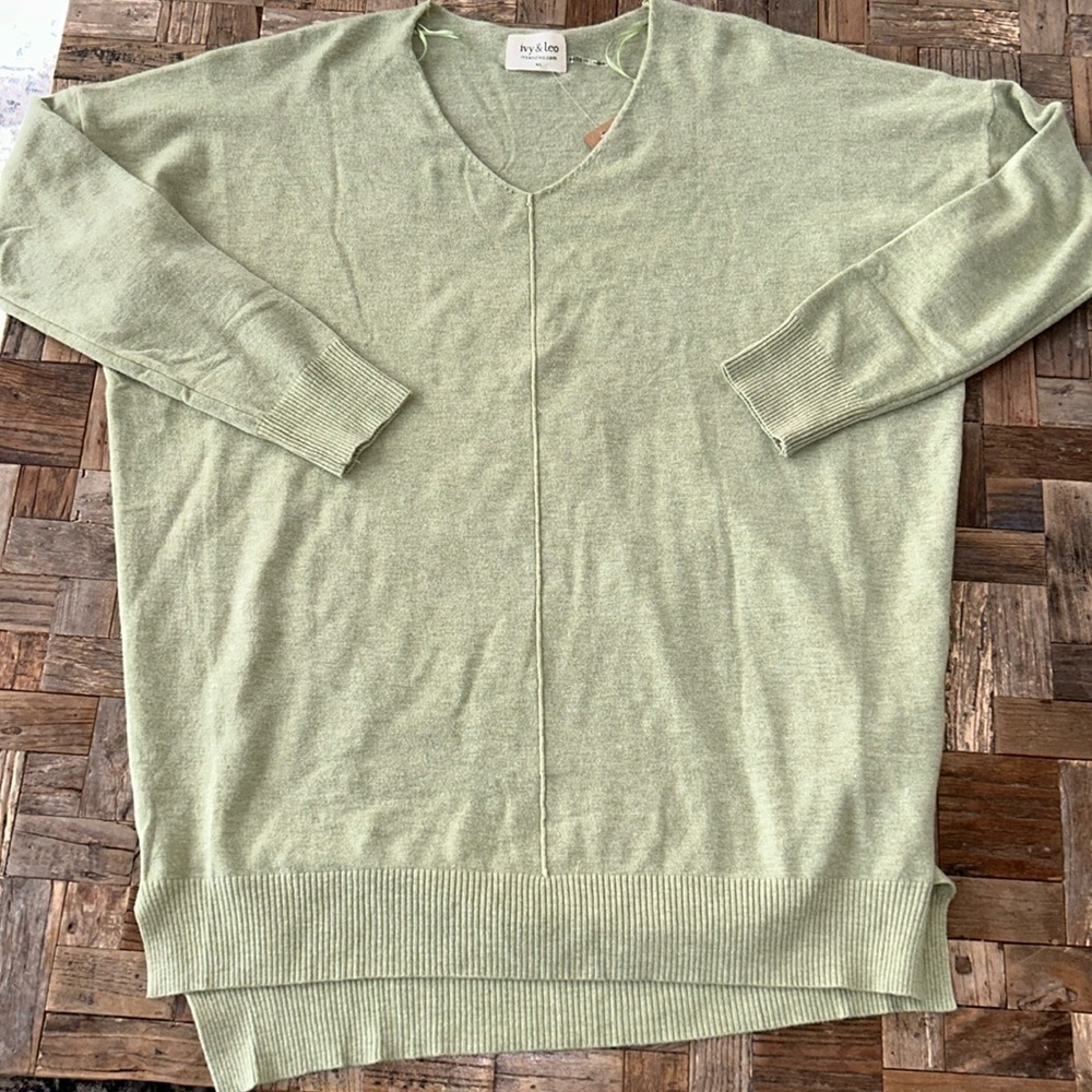 Green Lightweight V Neck Sweater by Ivy & Leo NWT